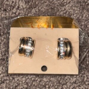 Gold Tone Rhinestone Hoop Stud Clip On Earrings